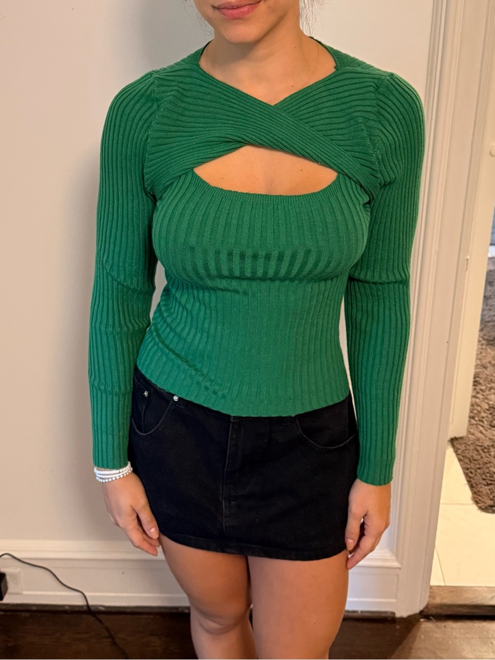 Green Ribbed Cutout Women's Sweater